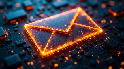 Glowing digital envelope icon surrounded by circuit patterns in a dark, high-tech setting