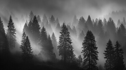 The sun rays pass through the trees on a thick fog. Earlier autumn in the forest with fog and mist on sunrise.