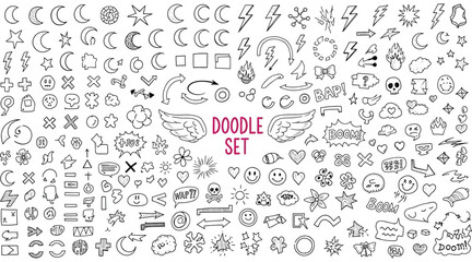 Vector art of collection of hand drawn doodle set of cute sketch element, vector illustration of moon, star, arrow, heart, cloud, lightning, and face