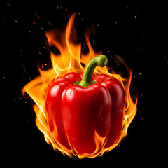 Bright red bell pepper engulfed in flames against a black background showcasing contrasting colors and dynamic energy