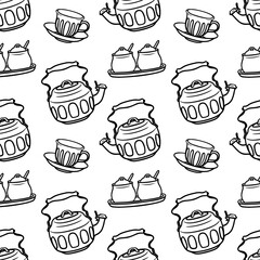 Seamless pattern with a teapot, porcelain cup for tea and coffee, salt shaker, and sugar bowl. Cooking utensils. Black and white graphics.