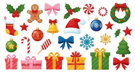 A festive array of christmas icons featuring gifts, ornaments, and holiday decorations galore
