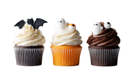 Halloween-themed cupcakes with spooky decorations on Transparent Background