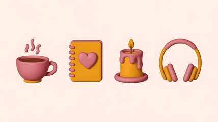A set of 4 cute claymorphism icons for self-care a steaming teacup, a journal with a heart, a lit candle, and a pair of headphones.