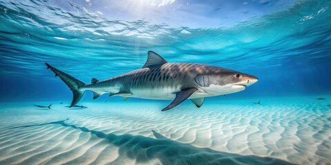 Tiger shark swimming in crystal clear turquoise sea water with white sandy ocean floor and coral reefs , ocean animal, ocean habitat