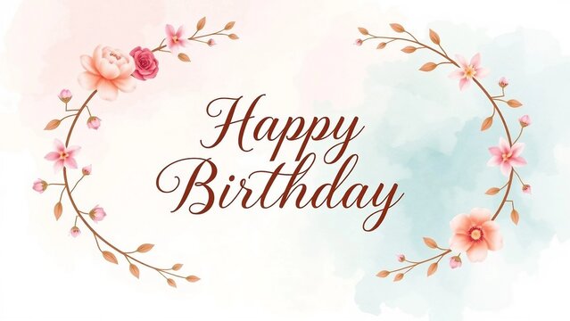 birthday card with elegant pink "Happy Birthday" lettering, watercolor floral wreath and pastel background. - Powered by Adobe