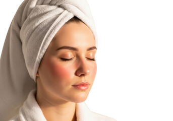 Young woman with rosacea experiencing facial redness skincare routine close-up portrait isolated on transparent background