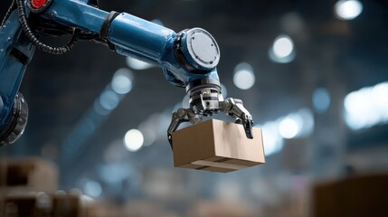 Closeup of robotic gripper lifting loose freight with outoffocus factory interior amplifying advanced cargo handling technology.
