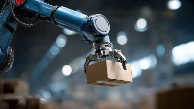 Closeup of robotic gripper lifting loose freight with outoffocus factory interior amplifying advanced cargo handling technology.