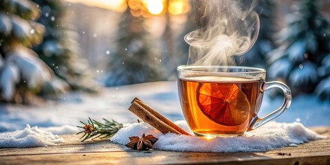 Aromatic steam rises from a cup of warm winter tea, infused with sweet and spicy cinnamon flavors on a snowy morning outdoors, beverage