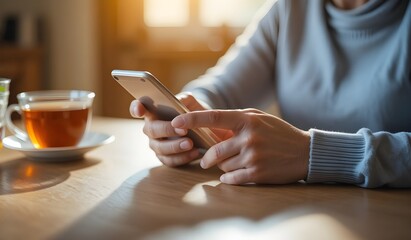 Woman using smartphone next to a cup of tea on a wooden table 
