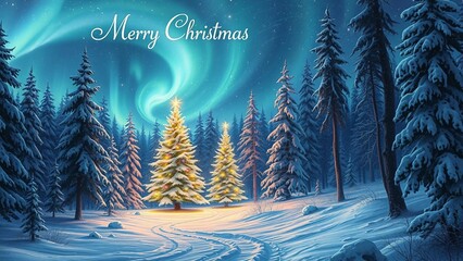 fantasy Christmas card with glowing tree in snowy forest, northern lights and starry night sky.