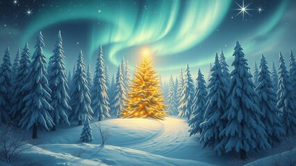 fantasy Christmas card with glowing tree in snowy forest, northern lights and starry night sky.