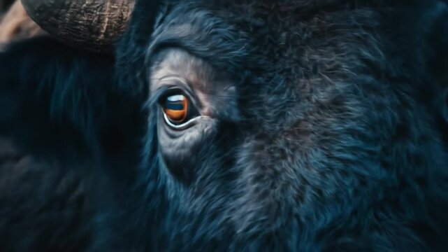 Close up of a large animal with dark fur face details in focus