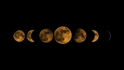 realistic golden moon phases illustration on black background, detailed astronomy and celestial design.