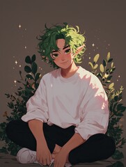 A young character with bright green hair and pointed ears sits among plants, wearing a relaxed white shirt. The soft, warm lighting and gentle sparkles around them create a whimsical, magical atmosphe
