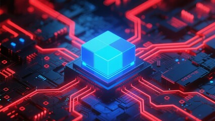 Glowing blue cube on a red circuit board with illuminated pathways