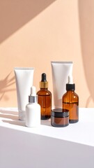 Skincare products displayed on a light beige surface, bathed in warm sunlight, casting a shadow. Several tubes and bottles in white and amber glass are arranged in an aesthetically pleasing manner