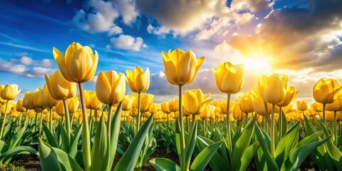 Sunny yellow tulips blooming in a lush green field with a blue sky and white clouds , garden landscape, outdoor photography