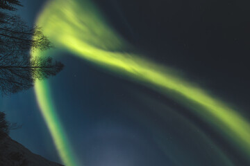 Magical green ribbon of the Aurora Borealis, northern fantasy, in the Lyngen Alps region of Northern Norway