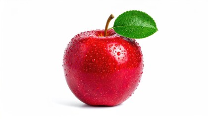 Red apple with water droplets and leaf