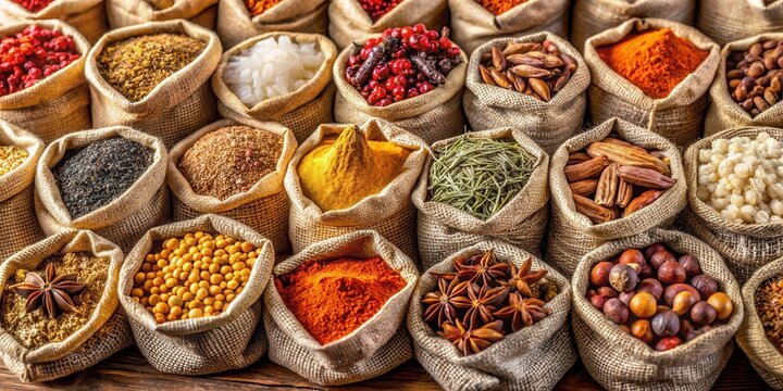 Assorted spices and resinous woods neatly packaged in small pouches, lined with soft cotton fabrics for safe storage and travel , cotton fabrics, resin woods