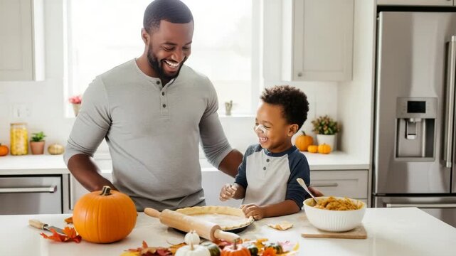 Black father and her small son prepare traditional Thanksgiving pie together in the kitchen. traditional Pumpkin pie for Halloween.