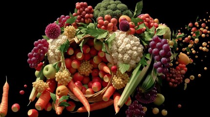Cornucopia spilling fresh vegetable and fruit bounty with broccoli, cauliflower, grape, carrot, and leaf black background evoking abundance - Powered by Adobe