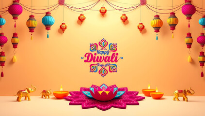 Golden-orange Diwali scene with glowing diyas, soft fireworks, golden mandala, “Happy Diwali Festival of Lights 2023”, celebratory design.
