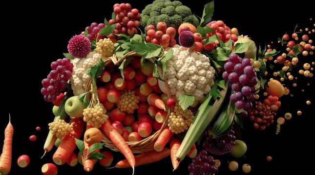 Cornucopia spilling fresh vegetable and fruit bounty with broccoli, cauliflower, grape, carrot, and leaf black background evoking abundance