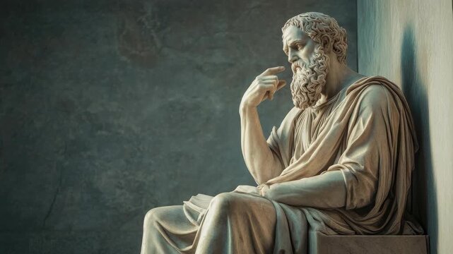 Ancient Greek philosopher statue thinking deeply, crafted in marble with detailed drapery