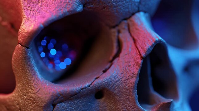 Glowing skull close up with flickering blue and red light showing detailed cracked texture and eerie lighting effects in dark mysterious setting