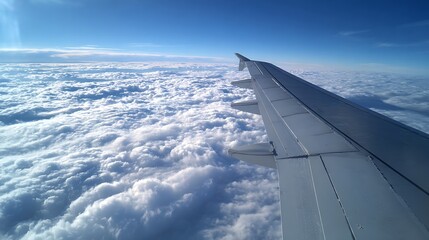 Wing View of Clouds from Airplane Travel Adventure Cloudscape Serenity Blue Sky