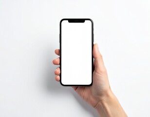 Hand holding a black smartphone with blank screen against a white background