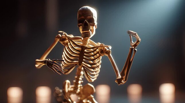 Skeleton dancing with arms raised under dramatic lighting, showing detailed human bone structure including ribs, skull, and arm in dynamic motion