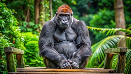 Obraz premium A massive western lowland gorilla sits comfortably on a wooden bench in a large zoo enclosure surrounded by lush greenery and tall trees, western lowland gorilla, wildlife