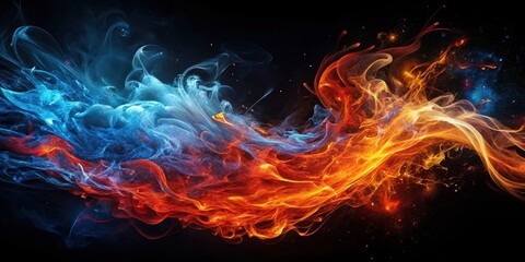Fototapeta premium Fiery Abstract Artwork on Black Canvas with Swirling Flames and Red Sparks