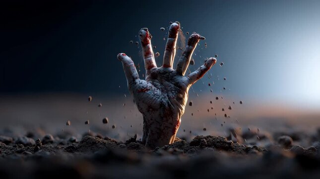 Bloody zombie hand rising from dark ground with dirt flying around in eerie night creating spooky intense horror atmosphere