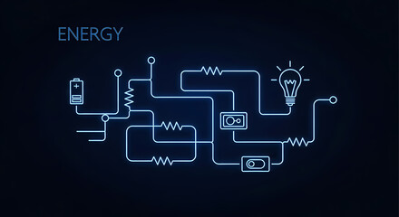 Electrical circuit diagram showing battery, resistor and light bulb. Electrical circuit demonstrates flow of electrical energy for lighting, device functions and power supply.