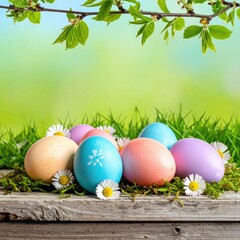 Colorful Easter eggs nestled in grass and moss on a rustic wooden surface, spring blossoms in the background