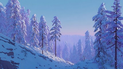 Winter Wonderland Snow Covered Evergreen Forest: Snowy Hills and Blue Sky