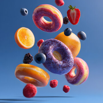 multi-colored donuts with fruits and berries