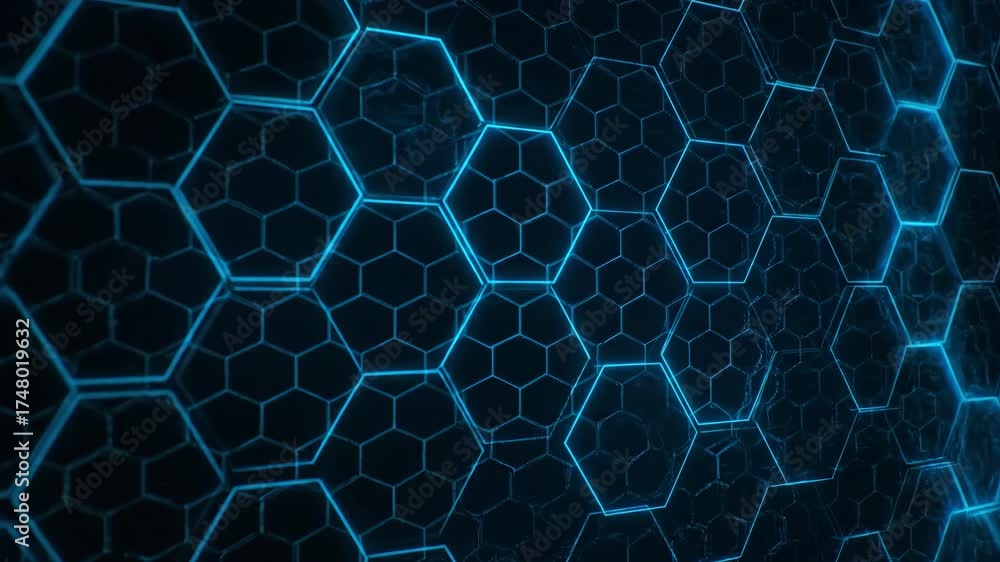 Wall mural seamlessly looping abstract background showcases an intricate hexagonal grid with glowing lines and 