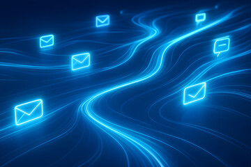 Digital communication flow with glowing message icons on blue background