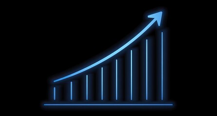 A glowing blue bar chart ascending with arrow, set against a black background