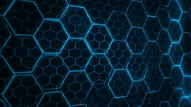 Seamlessly looping abstract background showcases an intricate hexagonal grid with glowing lines and subtle light transitions futuristic, geometric, technology