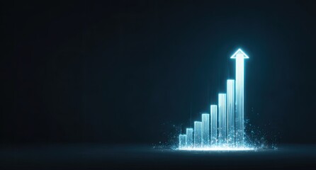 A glowing ascending bar graph with an arrow at the top against a dark background