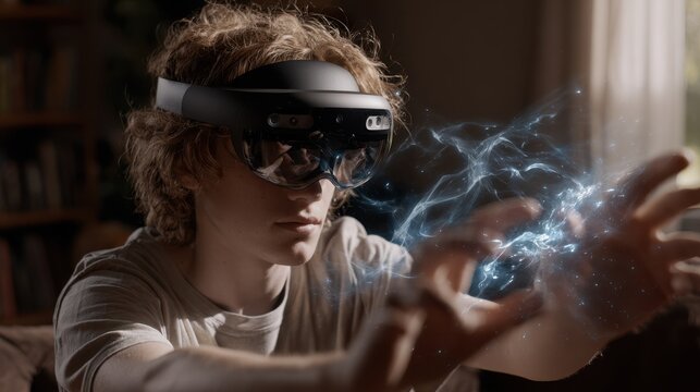 Medium shot of a user navigating immersive AR supplement information through hand gestures emphasizing crisp detail on holographic visuals with a gently blurred background.