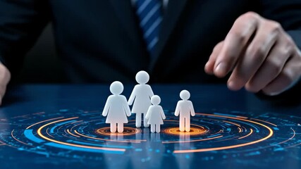 Man arranging family figures and glowing digital circles. Future planning concept for health, life, and wealth insurance footage. - Powered by Adobe