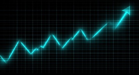 Glowing, neon-blue line graph steadily ascends against a dark, grid background